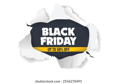 Black friday sale text at ripped paper white background, black friday sale discount