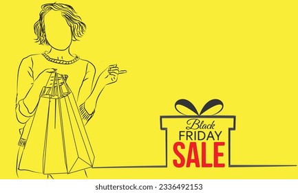 black friday sale text shopping girl line art isolated yellow background