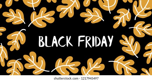 Black Friday sale text vector with hand drawn white and gold leaves on black background. Black friday lettering illustration. Special offer advertisement for flyer, poster, banner, prints