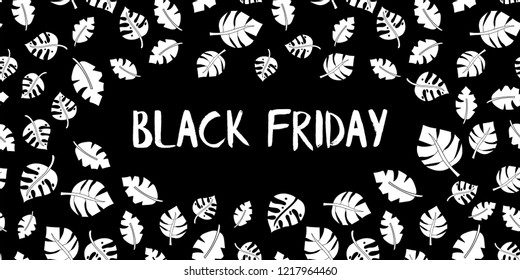 Black Friday sale text vector with hand drawn white leaves on black background. Black friday lettering illustration. Special offer advertisement for flyer, poster, banner, prints