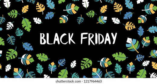 Black Friday sale text vector with hand drawn blue, green, white, yellow leaves on black background. Black friday lettering illustration. Special offer advertisement for flyer, poster, banner, print