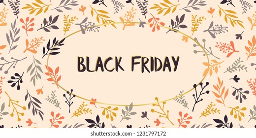 Black Friday sale text vector with hand drawn leaves on beige background. Black friday lettering illustration. Special offer advertisement for flyer, poster, banner, prints