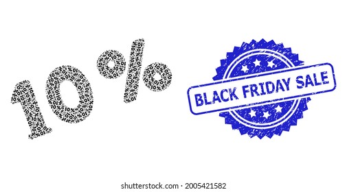 Black Friday Sale textured stamp and vector recursion mosaic 10 percents. Blue stamp seal has Black Friday Sale text inside rosette. Vector mosaic is made of scattered rotated 10 percents pictograms.