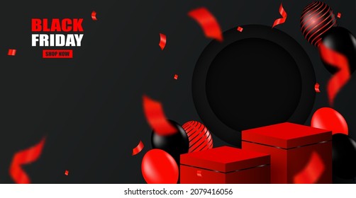 Black Friday Sale theme product display podium. Design with black- red balloons on black background .Vector. illustration.
