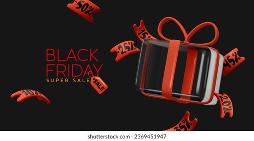 Black Friday sale. Transparent glass gift box with flying discount red coupons on the dark background. Realistic 3d design in plastic style. Vector illustration