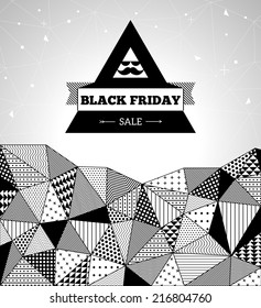 Venta de Viernes Negro. Fondo triangular y emblema en estilo hipster con bigote. Ilustración vectorial con espacio para el texto.  Plantilla de época monocromática.