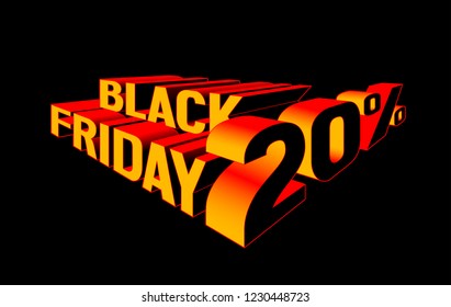 Black friday sale twenty percent off. Bright isometric lettering for banner, label, sticker ets. Red and yellow on black. Eps 10