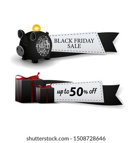 Black friday sale, two web banners in the form of ribbons with piggy Bank and gifts