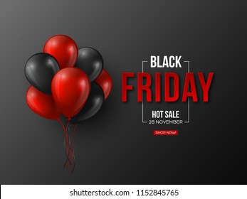 Black Friday sale typographic design. 3d stylized red color letters with glossy balloons. Black background. Vector illustration.