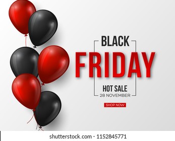 Black Friday sale typographic design. 3d stylized red color letters with glossy balloons. White background. Vector illustration.