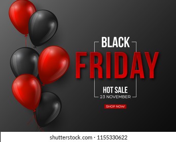 Black Friday Sale Typographic Design. 3d Stylized Red Color Letters With Glossy Balloons. Black Background. Vector Illustration.