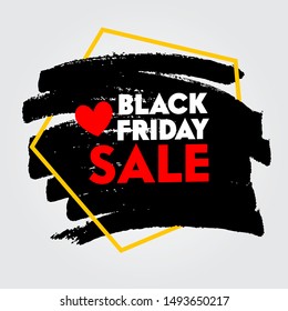 Black Friday Sale Typography with Red Heart Icon and Pentagon Geometric Shape for Discount Offer Poster. Creative Banner with Inscription on Black Grungy Background. Signboard Vector Illustration