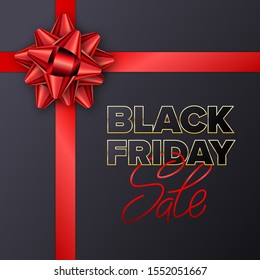 Black Friday sale typography template for promotion design. Advertising sign. Red tied a bow on a dark background. Market special offer discount. Vector illustration.