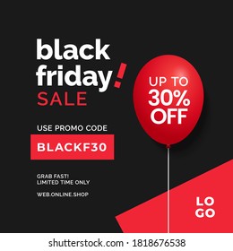 Black friday sale typography text social media poster design with floating balloon vector illustration