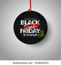 Black Friday Sale with upto 50% off offer on hanging sale sticker for Advertising concept.