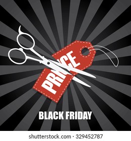 Black friday sale vector background. Scissors cutting price tag in half. Holiday sale poster or banner. Eps10 vector illustration.
