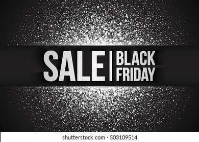 Black friday sale vector background. Illustration 3d silver letters for business, marketing and holiday. Bright white shimmer glowing round falling particles. Scatter shine light explosion