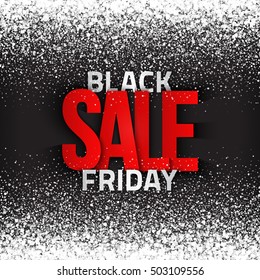 Black friday sale vector background. Illustration 3d red and silver letters for business, marketing and holiday. Bright white shimmer glowing round falling particles. Scatter shine light explosion