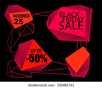 Black Friday Sale vector background. Black background with red design elements. Black Friday flyer template with place for text. Black Friday banner. Low poly decor elements for sale or discount offer