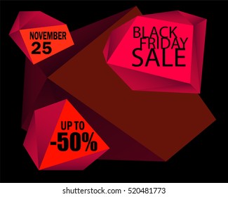 Black Friday Sale vector background. Black background with red design element. Black Friday card template with black text message. Black Friday banner. Polygonal glamour image. Sale or discount offer