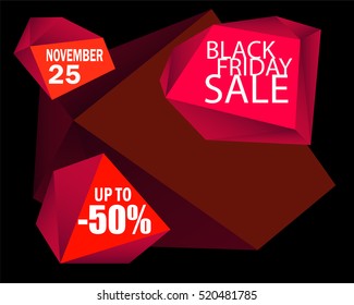 Black Friday Sale vector background. Black background with red design element. Black Friday card template with white text. Black Friday banner. Polygonal glamour image. Sale or discount shopping offer