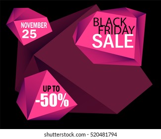 Black Friday Sale vector background. Black card background with pink diamonds. Black Friday flyer template with text place. Black Friday banner. Polygonal graphic design. Sale discount shopping offer