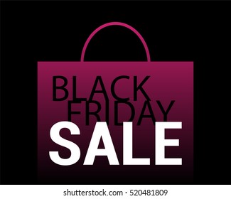 Black Friday Sale vector background. Pink shopping bag with text on black. Paper shopping bag icon. Black Friday flyer template with shopping bag fading in black. Black Friday Sale or Discount banner