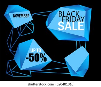 Black Friday Sale vector background. Black card background with blue diamonds. Black Friday flyer template. Black Friday Sale banner. Polygonal ice cubes with text place. Sale discount shopping offer