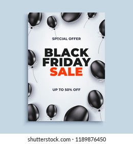 Black friday sale vector banner background with baloons poster or flyer design and discount text. Vector illustration.