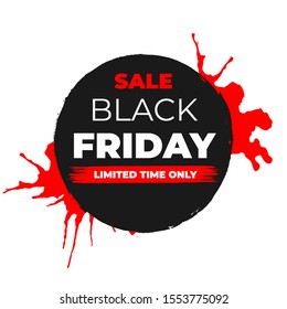 Black Friday Sale Vector Banner with Ink Brush Paint Circle and Black Splashes Isolated on White Background. Limited Time Only Web Label Shop Design or Tag