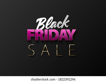 Black Friday Sale vector banner on black background. White, pink and golden text. Glass effect reflection on glossy pink letters. Glamorous colors bright sale banner design