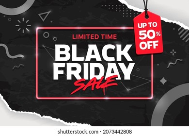 Black Friday Sale Vector Banner. White bold letters on black paper style background with neon frame and abstract geometric elements on it. Red discount label on top. Vector EPS10 graphics.