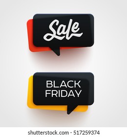 Black Friday Sale vector banner set. Nice plastic cards in material design style. Vivid transparent yellow, white and red paper. Origami paper pieces.