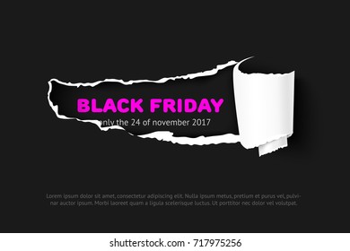 Black friday sale vector banner, realistic hole in black paper with text. Template for promo poster, flyer, sign