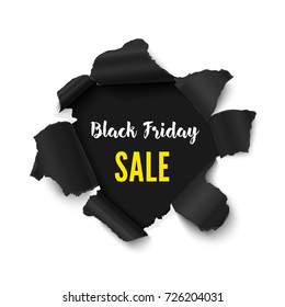 Black friday sale vector banner. Realistic illustration of paper hole with black background