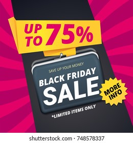 Black friday sale vector banner template design with a wallet for money and text save up your money. Big sale with yellow,  pink and black paper element layout poster. The biggest discount shop offer