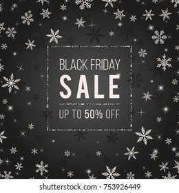 Black Friday Sale Vector Banner Design. Stylish winter creative template with snowflakes, shiny stars, sparkles, silver glittering on dark backdrop. Pink text signage in square frame. Trendy colors