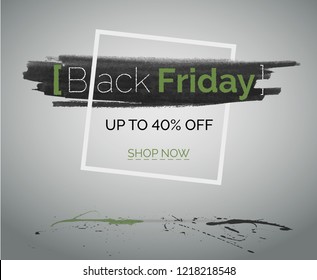 Black Friday sale vector concept banner 40% off for web or advertisement.  Watercolor in frame with green and black splashes on concrete floor and plain background
