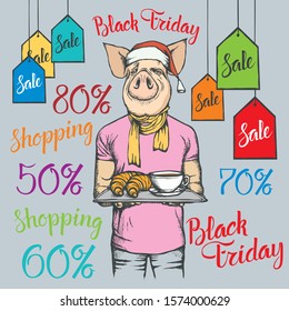 Black Friday Sale Vector Concept. Illustration of Pig in human suit holding Coffe and Сroissant on black friday sale