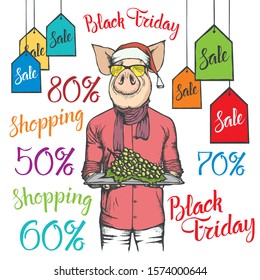 Concepto de vectores de venta de viernes negro. Ilustración de cerdo con traje humano sosteniendo uva en venta de viernes negro