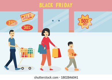 Black Friday sale vector concept. Family group shopping in the mall on Black Friday