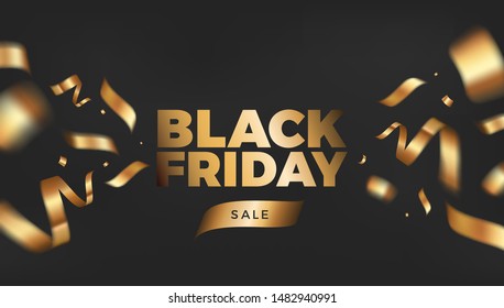 Black Friday Sale vector design. Black golden background with flying gold confetti and text. Elegant festive decoration, web, email or print banner layout template
