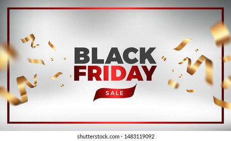 Black Friday Sale vector design. White golden background with flying gold confetti and red text. Elegant festive decoration, web, email or print banner layout template