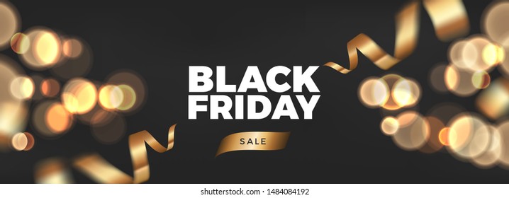 Black Friday Sale Vector Design. Black Golden Background With Flying Gold Confetti And White Text. Elegant Festive Decoration, Web, Email Or Print Banner Layout Template