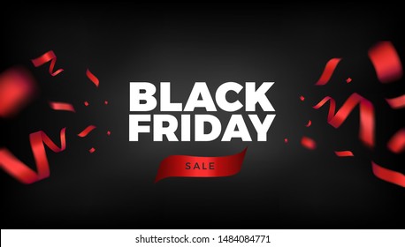 Black Friday Sale Vector Design. Black Background With Flying Red Confetti Ribbons And White Text. Elegant Festive Decoration, Web, Email Or Print Banner Layout Template