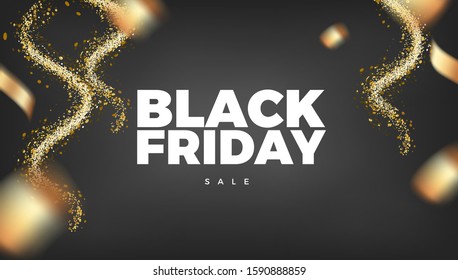 Black Friday Sale vector design. Black golden background with flying gold confetti festive decoration, web, email or print banner layout template