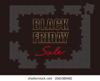 Black Friday Sale Vector Frame Made Of Jig-Saw Puzzle Pieces On A Black Background