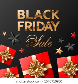 Black friday sale vector golden lettering on black background with red, gold and black stars and red covered gifts with golden bows. Square social media post or banner template.