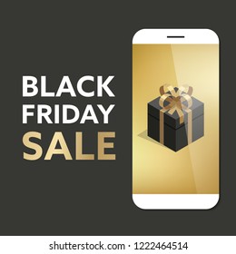 Black friday sale vector illustration with a black and gold 3d style present on a screen of a mock up mobile phone. Mobile shopping and e-commerce illustration for black friday marketing campaigns.