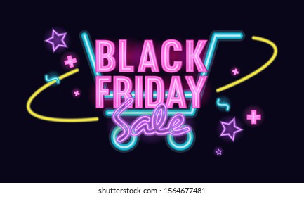 Black Friday Sale Vector illustration. Neon light Shopping cart theme